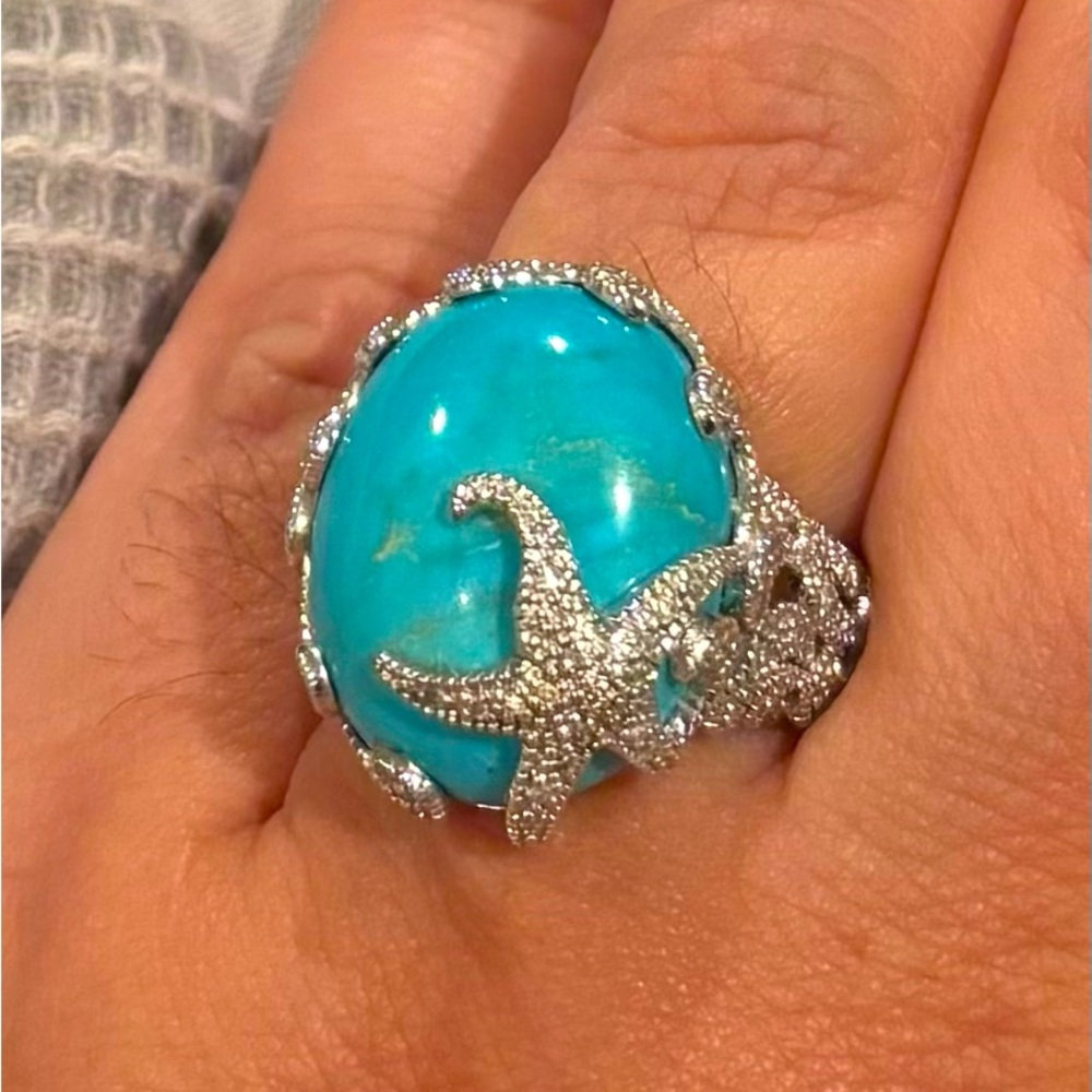 Genuine Turquoise and Sterling Silver Crystal Starfish Statement Ring, Size 7 US